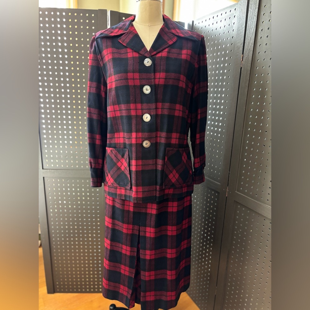 Pendleton Red and Black Wool Plaid Jacket & Skirt